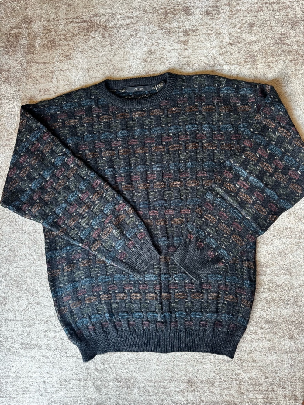 Fenzia Sweater Men’s Vintage Inspired Textured Knit Multicolor Geometric